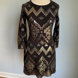 Express Short Black Dress Silver Sequins Size Small S Aztec Pattern 3/4 Sleeves